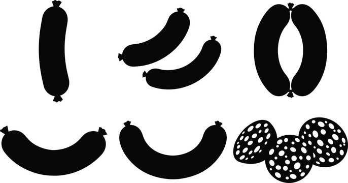 Sausage and salami silhouette vector illustration set with various link shapes and slices for butcher shop menu food graphic design
