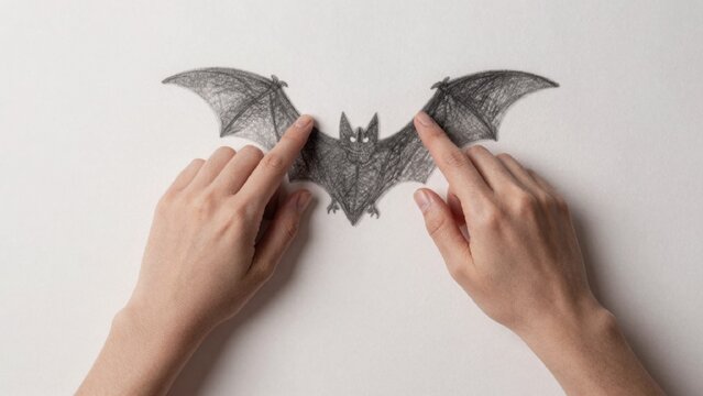 Drawing bat held hands positioned either side black white background plain drawing bat held hands. hands posit