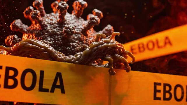 Ebola Virus Threat: A stark, illuminated representation of the Ebola virus looms ominously, partially obscured by yellow caution tape.