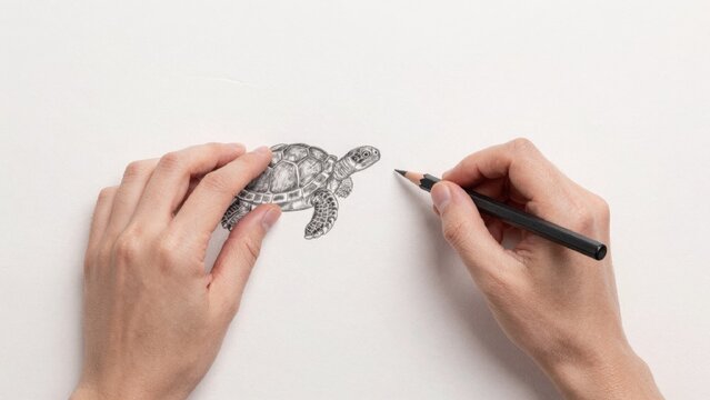 Hands drawing turtle white paper hand right holding black colored pencil left touching drawn hands drawing tur