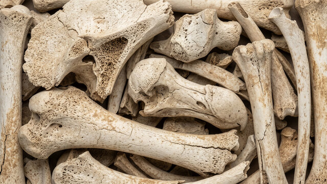 Collection of Mixed Animal Bones Including Skull and Long Bones Piled Together, Overhead Flat Lay Natural History Photography on Neutral Background