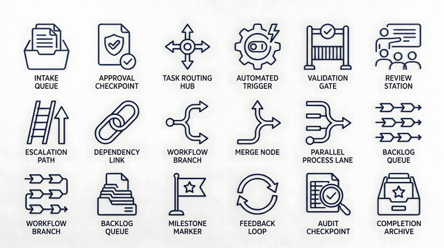 Business Process Icons: A collection of clean line art icons representing various business processes and workflow stages, including queues, checkpoints, and automation.
