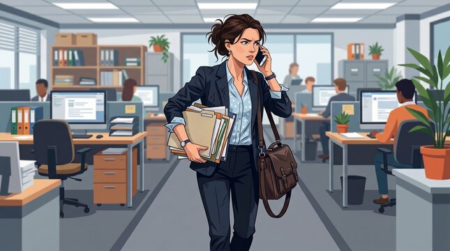 Busy Businesswoman Talking on Phone Walking in Modern Office Vector made by AI generative