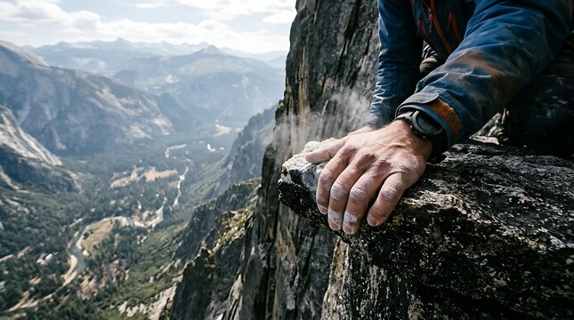 Close up of a rock climber's hand gripping a ledge over a valley