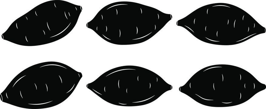 Sweet potato silhouette vector illustration set with six organic root vegetables for healthy diet cooking recipe and grocery market graphic design.