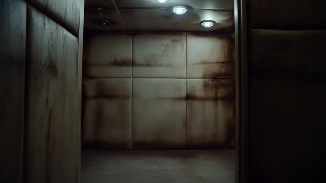 Static shot of padded cell interior revealing stained wall panels and ceiling lights with grimy floor in abandoned institutional psychiatric room
