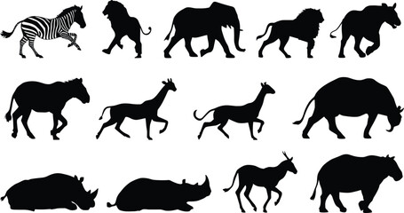 Black silhouette vector illustrations of African wildlife including zebra, lion, elephant, giraffe, rhino, and hippopotamus © Abujh