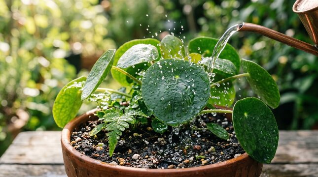 Close-up of a vibrant Pilea plant and fern in a terracotta pot being gently watered outdoors, showcasing the refreshing moment of hydration and dedicated plant care