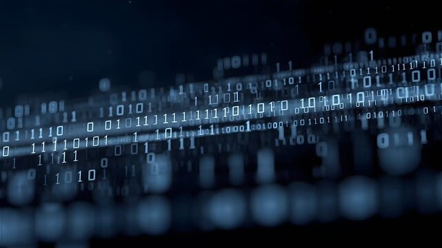 Strings of binary code float in a dark room, blurred selective focus with numbers in a sharp foreground and soft bokeh in the background, a monochrome blue color palette, and a deep dark background.