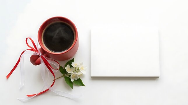 Red mug of coffee with jasmine flowers and blank greeting card