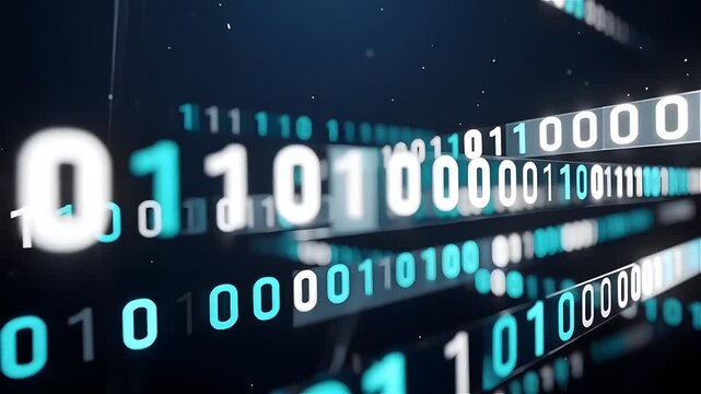 Strings of binary code float in a dark room, blurred selective focus with numbers in a sharp foreground and soft bokeh in the background, a monochrome blue color palette, and a deep dark background.