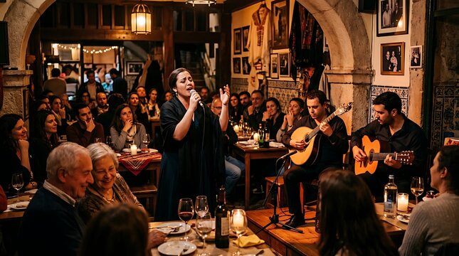 Woman singing fado with acoustic guitarists in a cozy tavern