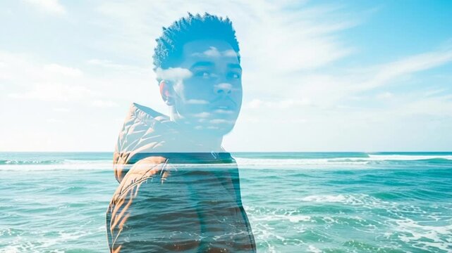 A man stands on the beach with a double exposure effect blending into the sea and sky