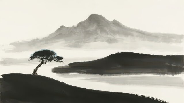 Freehand ink painting of lone pine on hill, mist layered distant mountains and lake, vast tranquil blank space, elegant oriental landscape art material.