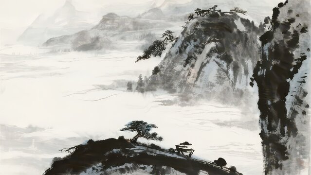Freehand ink painting of lone pine on hill, mist layered distant mountains and lake, vast tranquil blank space, elegant oriental landscape art material.