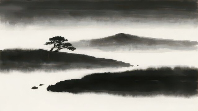 Freehand ink painting of lone pine on hill, mist layered distant mountains and lake, vast tranquil blank space, elegant oriental landscape art material.