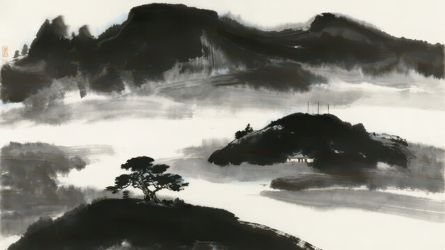 Freehand ink painting of lone pine on hill, mist layered distant mountains and lake, vast tranquil blank space, elegant oriental landscape art material.