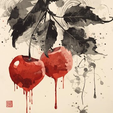 深紅のさくらんぼの和モダン墨絵アート