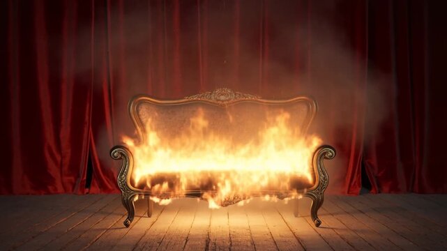 Static shot of antique ornate sofa engulfed in flames burning on theater stage with red curtains and wooden floorboards under smoky lighting