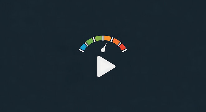 Gauge icon with a play button symbol indicates performance metrics or speed monitoring for digital media content.