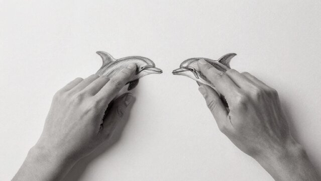 Hands touching dolphins drawn pencil white facing each other background plain hands touching dolphins. dolphin