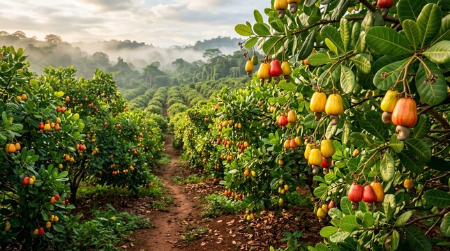 Vibrant cashew trees laden with colorful, mature cashew fruit in a sprawling plantation, highlighting the rich bounty of tropical agriculture at dawn