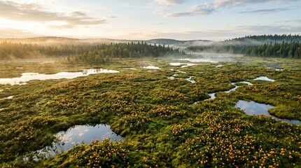 Obraz premium Breathtaking Aerial View of a Misty Wilderness Wetland Featuring Winding Streams and Reflective Pools at Sunrise
