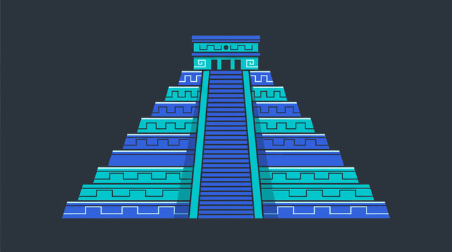 Blue and teal tiered Mayan pyramid illustration with geometric patterns on dark background, representing archaeological education materials and international travel promotion