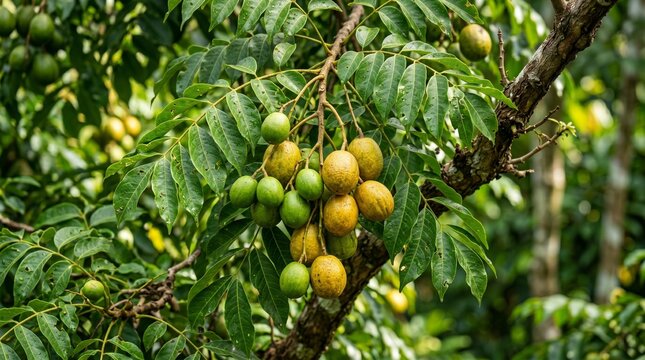 Fresh ambarella fruits hanging on a leafy tree branch in a tropical orchard environment