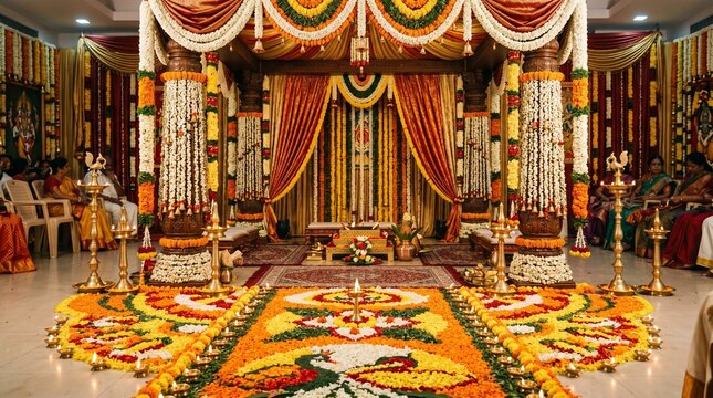 Traditional South Indian wedding mandap setup with colorful floral rangoli and brass lamps