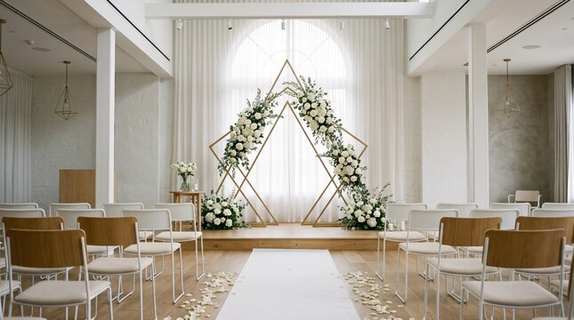 Contemporary indoor wedding venue with triangular floral arch and white aisle