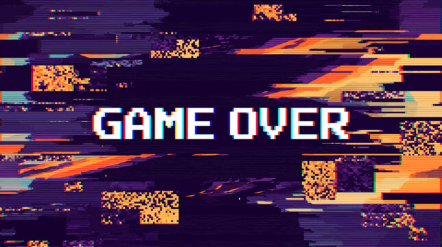 pixelated game over text on dark background with vibrant digital glitch effects and vhs distortion, symbolizing gaming failure or retro arcade competition concepts