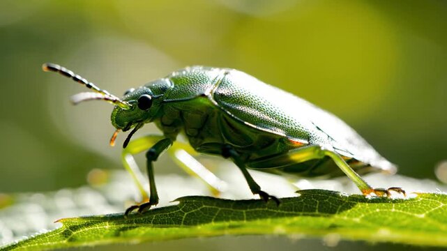 Green Stink Bug on Leaf in Macro Detail