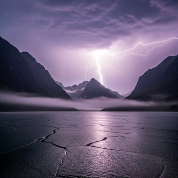Dramatic Lightning Strike Over Dark Lake