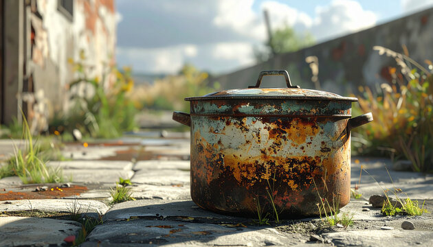 Old weathered cooking pot rests outdoors amidst grass and dilapidated structures