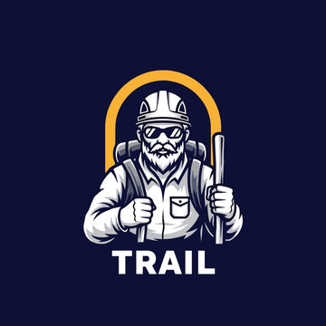Rugged bearded hiker mascot logo design with hiking gear.