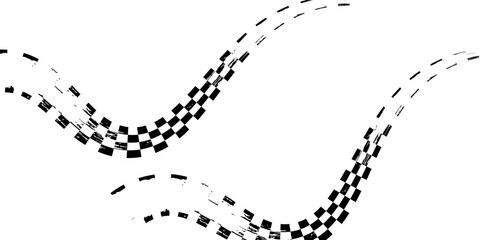 Fototapeta premium Grunge racing flag pattern with a distressed texture in black and white. Tire track with diagonal checkered design for motorsport themes, banners, graphics overlays. Abstract vector