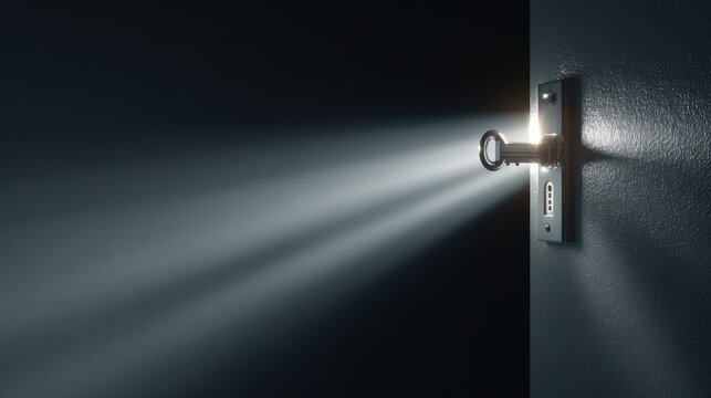 A single key inserted into a door lock, casting dramatic beams of light into a dark room. The key is old and metallic, and the lock appears to be on a textured wall.