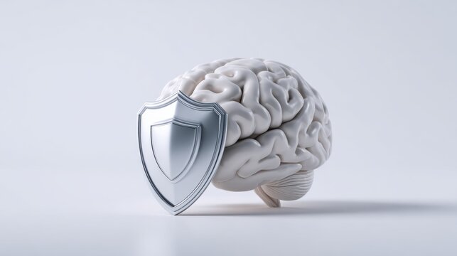 A white brain model covered by a silver shield, symbolizing mental protection and cognitive security
