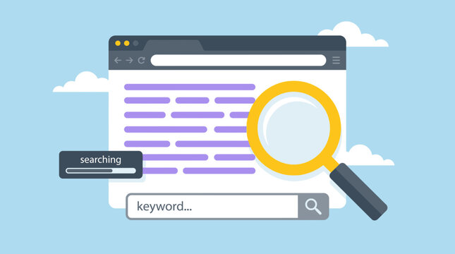 Flat illustration of web browser interface with magnifying glass and search bar on sky background, symbolizing digital marketing optimization and representing search engine optimization strategy