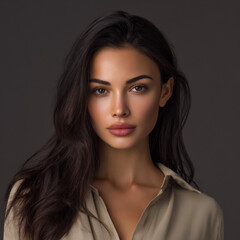Naklejka premium elegant brunette woman portrait with olive skin, confident female model with natural beauty and long hair, glamorous fashion portrait of stylish brunette woman with poised expression