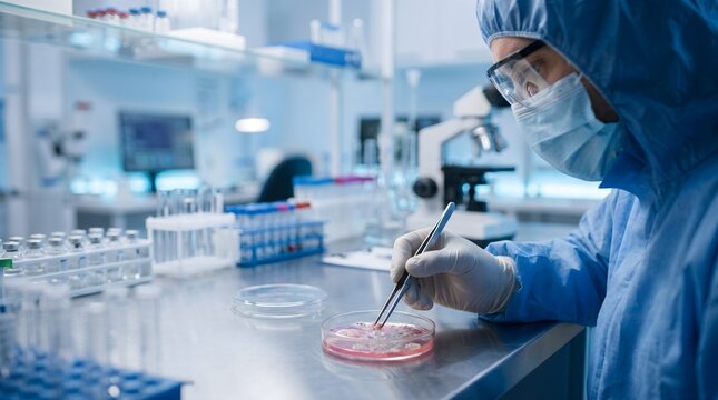 Scientist in blue protective suit handling petri dish culture in laboratory