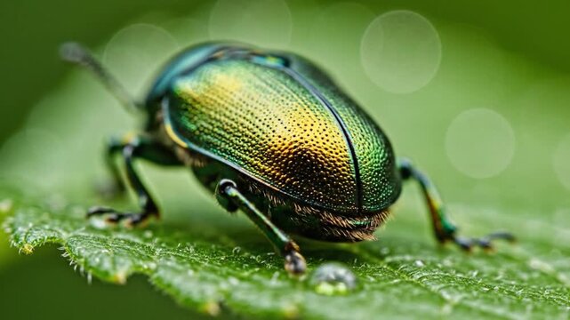 Iridescent Beetle Crawling on Green Leaf
