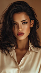 Naklejka premium elegant brunette woman portrait with olive skin, confident female model with natural beauty and long hair, glamorous fashion portrait of stylish brunette woman with poised expression