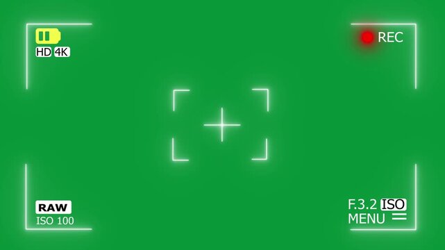 Neon Camera Viewfinder Recording Overlay with HUD Display, 4K HD RAW, REC Indicator on Black Background,video production, motion graphics, film overlay, broadcast overlay, screen overlay, live str