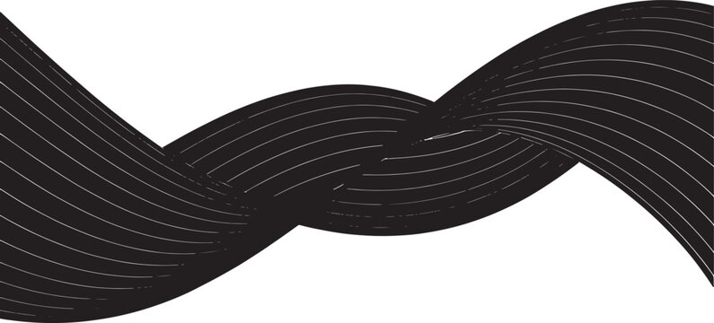 Black abstract twisted ribbon with fine white lines on a white background