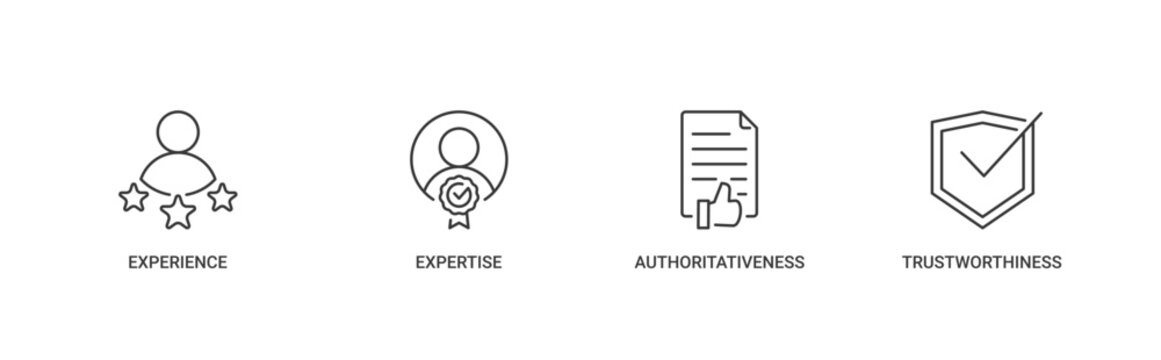 EEAT icon set related to experience, expertise, authoritativeness and trustworthiness vector icons