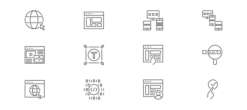 Web Design icon set containing website, layout, adaptive design, responsive design, content, typography, UX, SEO, browser, coding, UI and usability vector icons