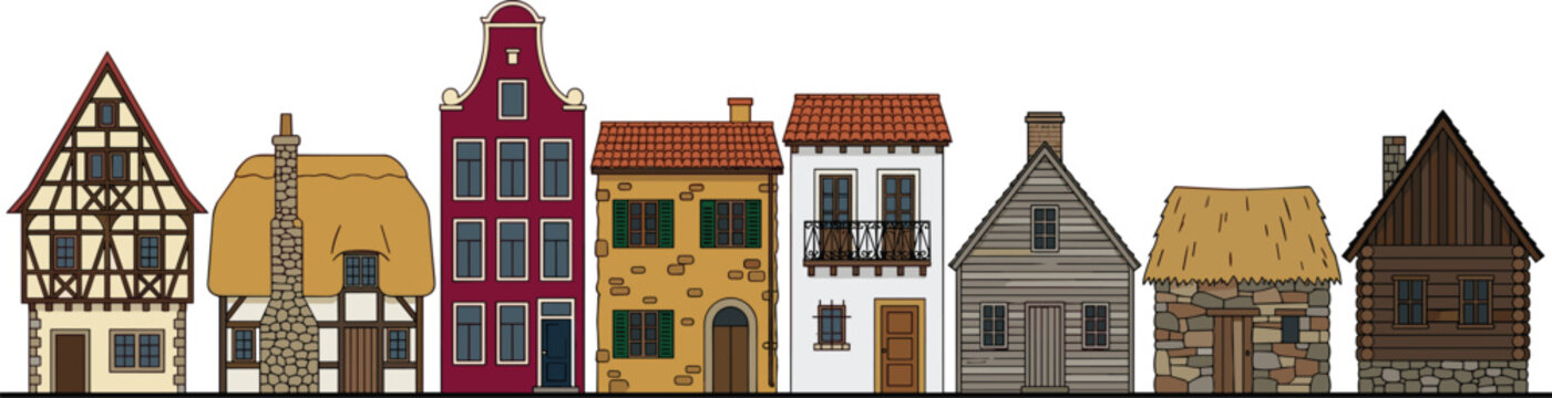 Traditional European historic houses vector set featuring German half timbered cottage, Dutch canal home, English thatched roof house, and old village architecture buildings.