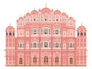 Fototapeta premium Jaipur Hawa Mahal facade, modern minimal vector style, pink sandstone palette, clean flat shapes, decorative windows, no text, no people.